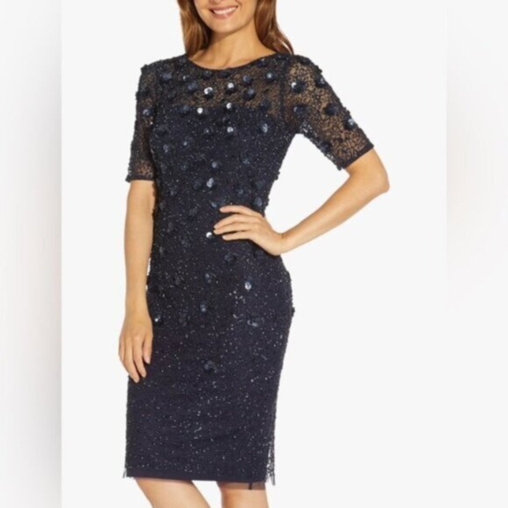 Nwt Anthropologie Bhldn Adrianna Papell Petaluma Floral Sequin Dress Navy Blue